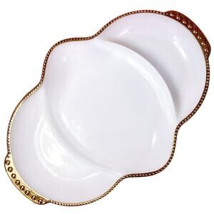 Fire King Gold Trim Divided Serving Dish Vintage Mid Century Milk Glass Ovenware